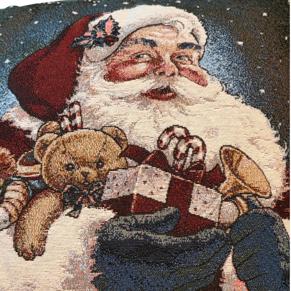 Vintage Tapestry Santa Claus Christmas Throw Pillow Teddy Bear Toys Green 16x16"